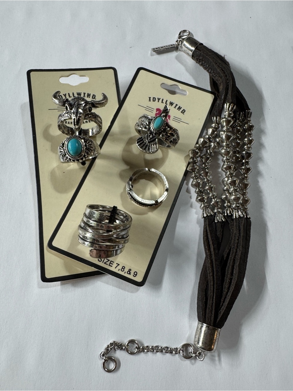 Idyllwind Silver-tone Rings with Turquoise Accents and Brown Suede Bracelet